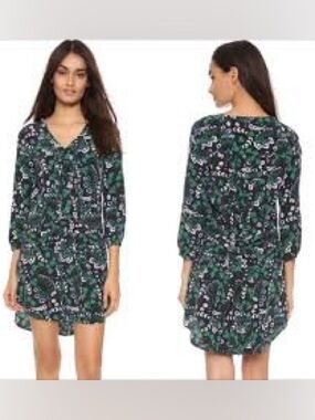 Veronica Beard Dark Green Floral V-Neck Mini Dress